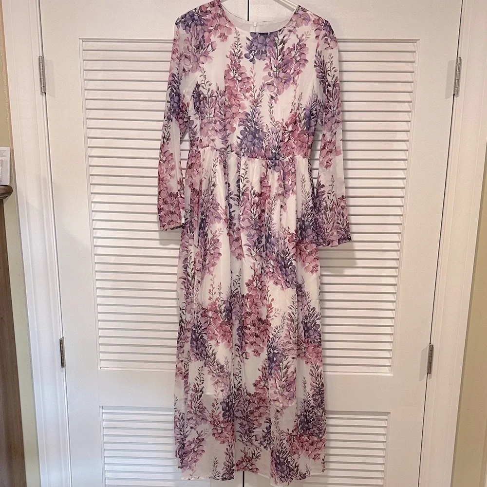 Floral Long Sleeve Maxi Dress & Scarf - Pink and Purple Chiffon - Picture 2 of 14